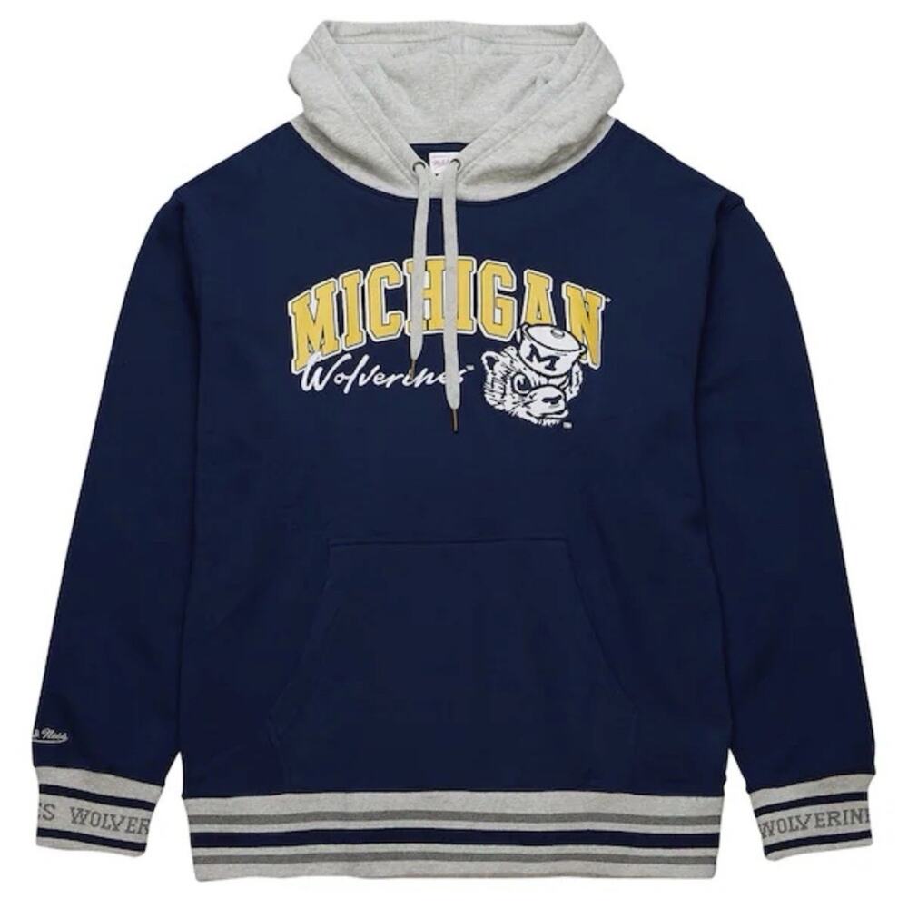 Mitchell & Ness Michigan Wolverines Navy Arched Fleece Pullover Hoodie Size XL - Picture 2 of 16